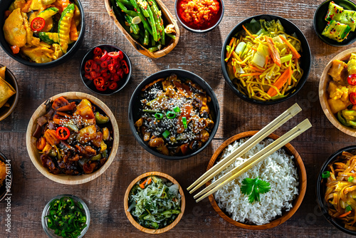 Composition with variety of east asian dishes photo