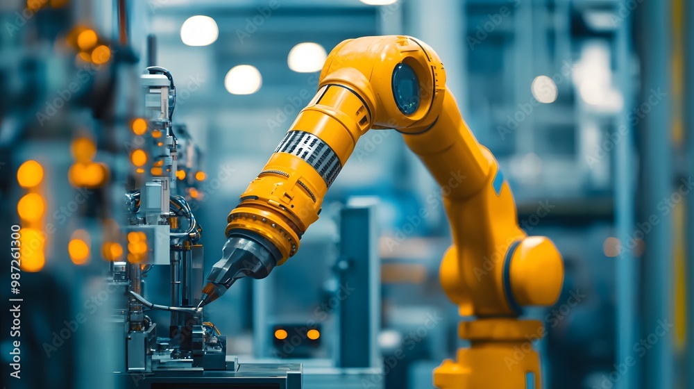 A robot is working on a machine in a factory. The robot is yellow and has a drill in its hand. The scene is industrial and mechanical, with the robot performing a task that requires precision A robot is working on a machine in a factory. The robot is yellow and has a drill in its hand. The scene is industrial and mechanical, with the robot performing a task that requires precision