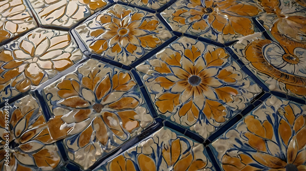 A glossy, high-shine ceramic tile surface with intricate geometric patterns. 1 A glossy, high-shine ceramic tile surface with intricate geometric patterns. 1