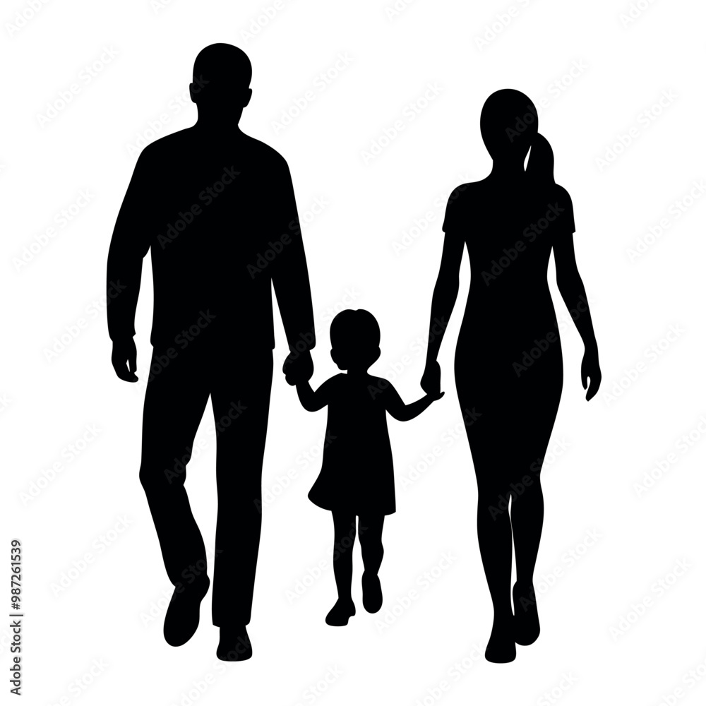 a black silhouette of a family of three - a man, a woman, and a child - walking together