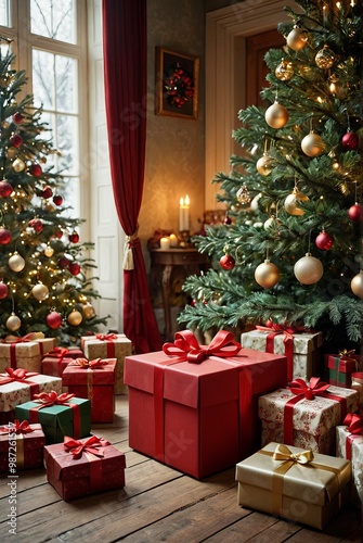 Christmas living room, two decorated evergreen trees, golden ornaments, red gift boxes, warm interior lighting, cozy atmosphere, window with winter view, hardwood floor, traditional holiday decor, fes