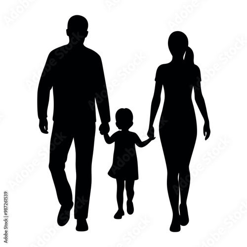 Obraz na płótnie a black silhouette of a family of three - a man, a woman, and a child - walking together w salonie