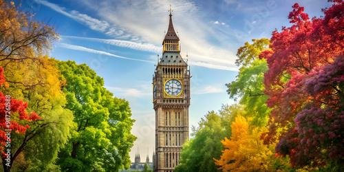 Iconic clock tower Big Ben with surrounding trees displaying the four seasons in a single frame, Big Ben, clock tower