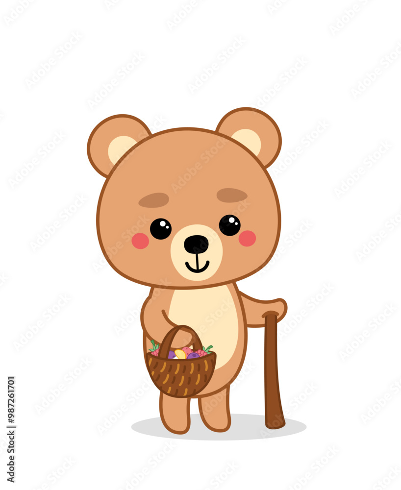 Cartoon bear is looking for forest berries and mushrooms in basket. Cartoon, kawaii, vector. Cartoon bear is looking for forest berries and mushrooms in basket. Cartoon, kawaii, vector.
