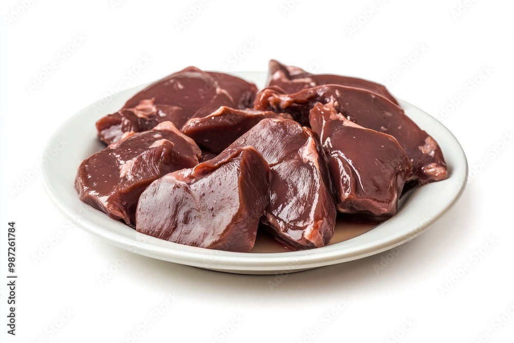 Fresh raw chicken liver on a plate. Isolated on white , ai Fresh raw chicken liver on a plate. Isolated on white , ai