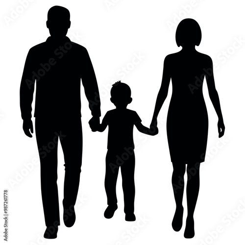 a black silhouette of a family of three - a man, a woman, and a child - walking together