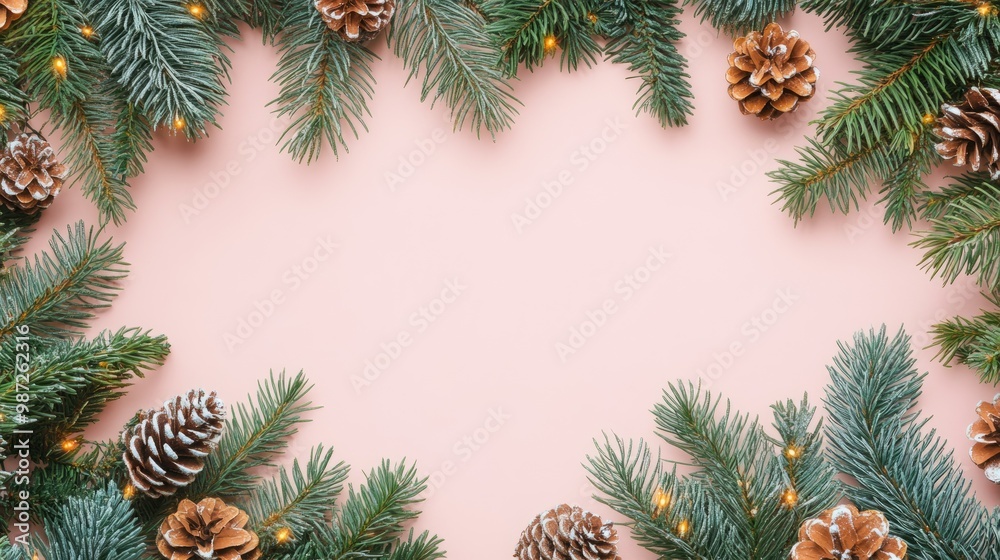 Naklejka premium christmas frame with fir branches, Creative christmas frame on pink background