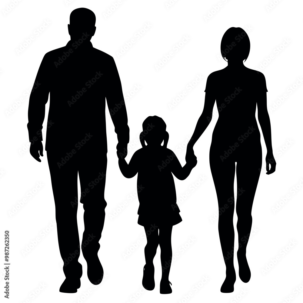 a black silhouette of a family of three - a man, a woman, and a child - walking together