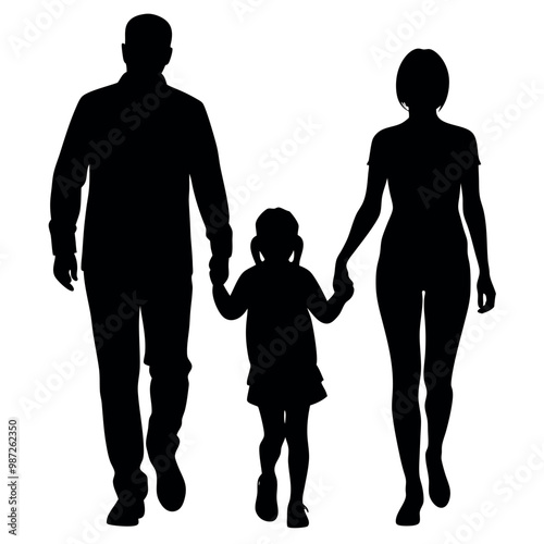 Obraz na płótnie a black silhouette of a family of three - a man, a woman, and a child - walking together w salonie