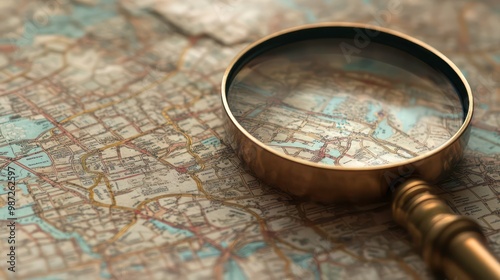 Closeup of a magnifying glass over an old map.