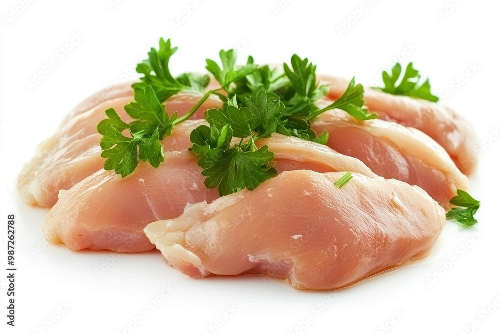 Raw skinless and boneless chicken breast meat with parsley garnish isolated on white , ai Raw skinless and boneless chicken breast meat with parsley garnish isolated on white , ai