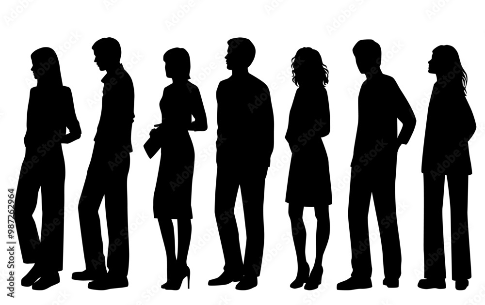 Vector silhouettes of  men and a women, a group of standing   business people, profile, black isolated on white background