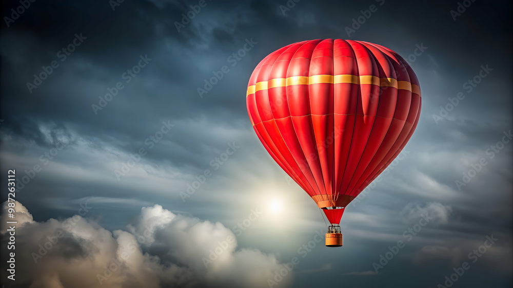 Fototapeta premium Red hot air balloon floating in the sky against a grey background, hot air balloon, red, sky, grey, background, floating