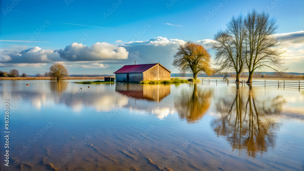 Farmland submerged under water due to flooding in rural area, flood, agriculture, disaster, field, submerged Farmland submerged under water due to flooding in rural area, flood, agriculture, disaster, field, submerged