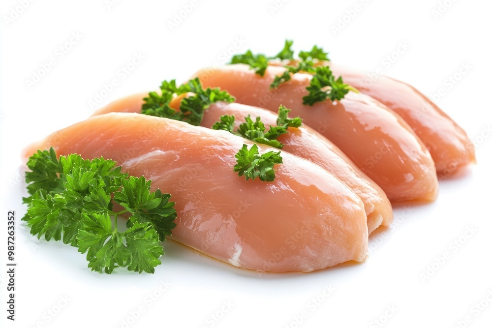 Raw skinless and boneless chicken breast meat with parsley garnish isolated on white , ai Raw skinless and boneless chicken breast meat with parsley garnish isolated on white , ai