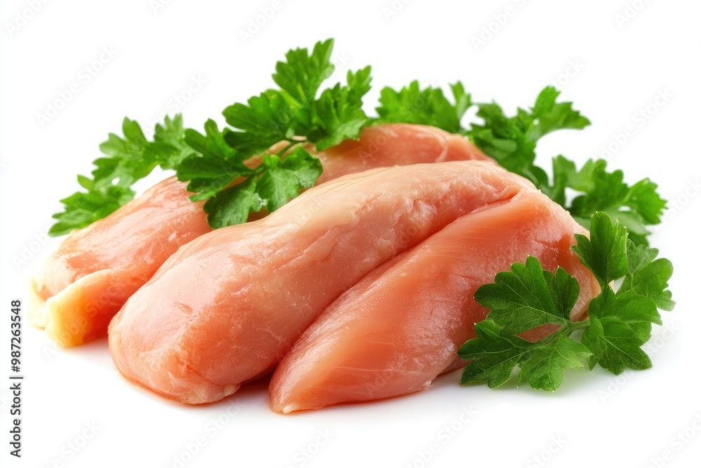 Raw skinless and boneless chicken breast meat with parsley garnish isolated on white , ai Raw skinless and boneless chicken breast meat with parsley garnish isolated on white , ai