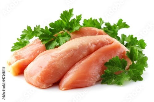 Raw skinless and boneless chicken breast meat with parsley garnish isolated on white , ai