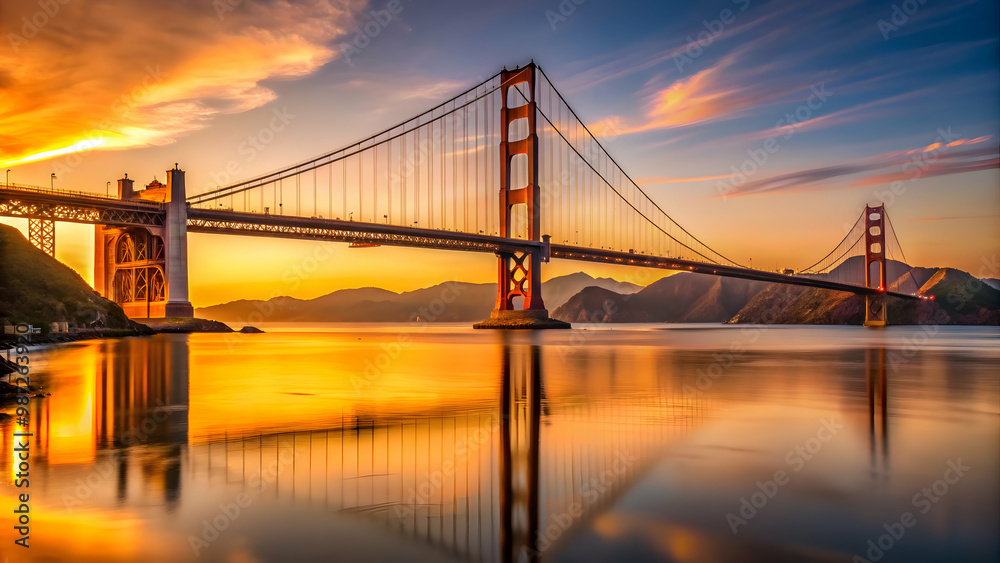 Golden Gate Bridge at sunset, with warm golden hues reflecting off the water , Golden Gate Bridge Golden Gate Bridge at sunset, with warm golden hues reflecting off the water , Golden Gate Bridge