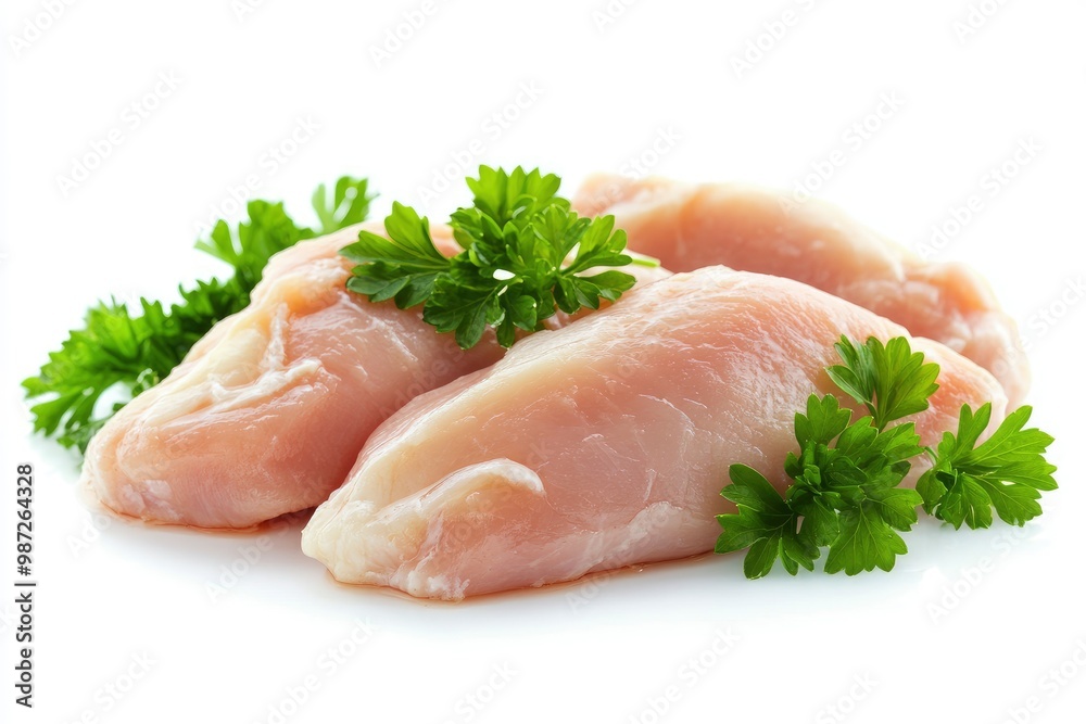 Raw skinless and boneless chicken breast meat with parsley garnish isolated on white , ai Raw skinless and boneless chicken breast meat with parsley garnish isolated on white , ai