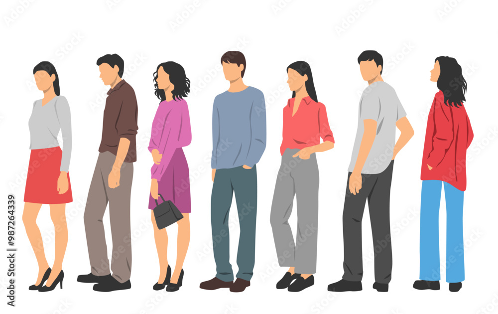 Obraz premium Set of young men and women , different colors, cartoon character, group of silhouettes of standing business people, students, design concept of flat icon, isolated on white background
