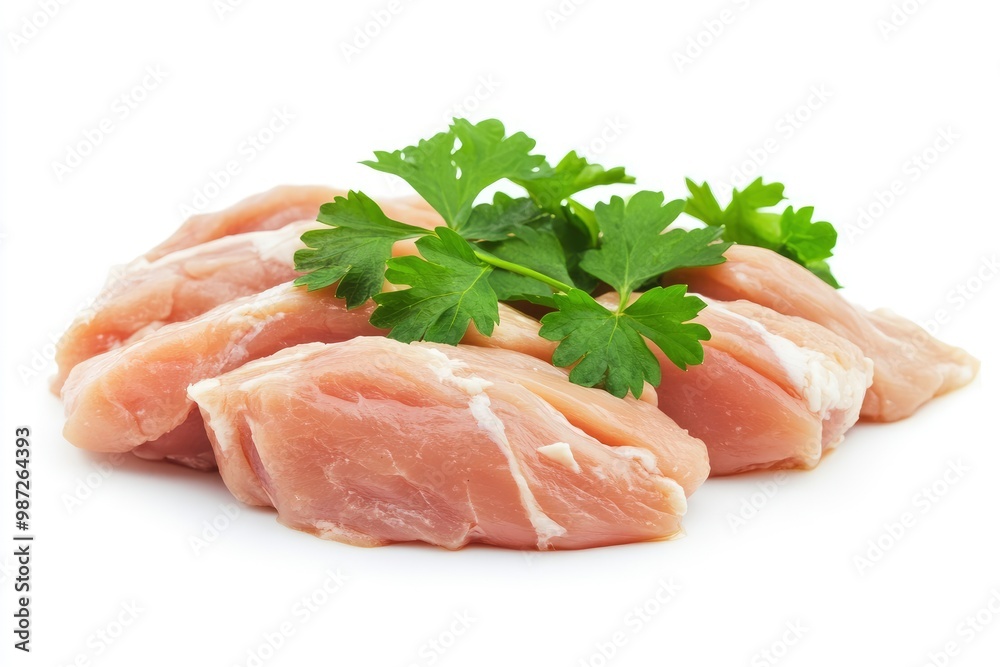 Raw skinless and boneless chicken breast meat with parsley garnish isolated on white , ai Raw skinless and boneless chicken breast meat with parsley garnish isolated on white , ai
