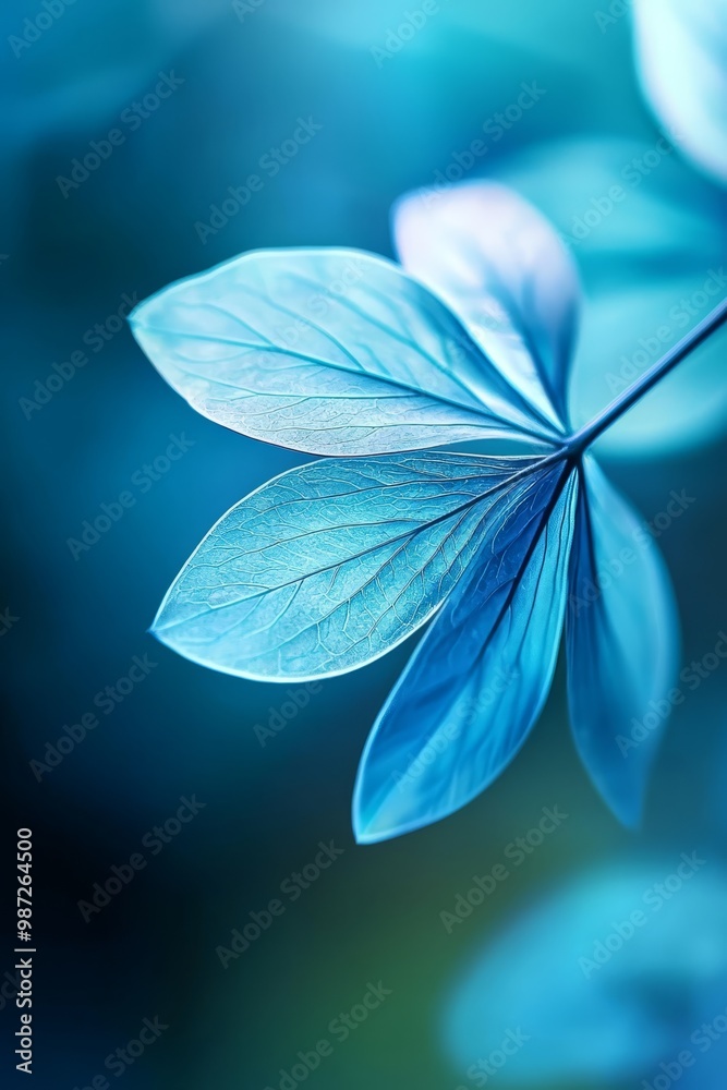 A tight shot of a blue leaf on a branch against a softly blurred backdrop of nearby leaves A tight shot of a blue leaf on a branch against a softly blurred backdrop of nearby leaves