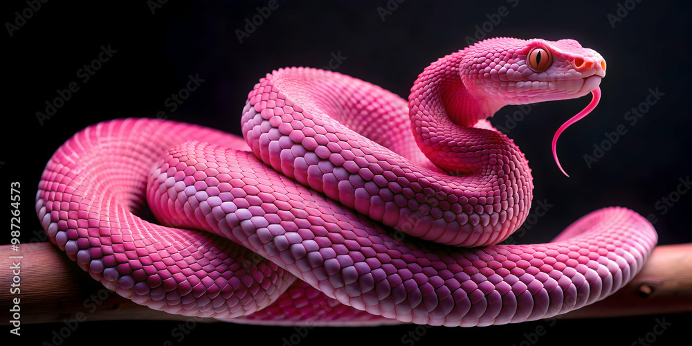 Fototapeta premium Pink viper snake in striking position , pink, viper, snake, reptile, wild, animal, slither, scales, venomous, danger, fear