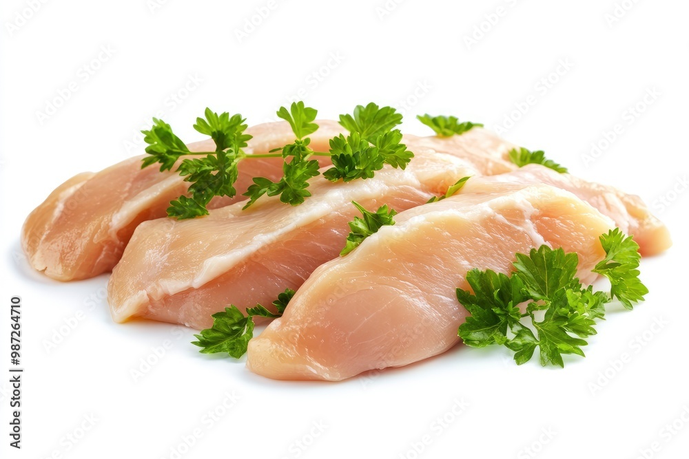 Raw skinless and boneless chicken breast meat with parsley garnish isolated on white , ai Raw skinless and boneless chicken breast meat with parsley garnish isolated on white , ai