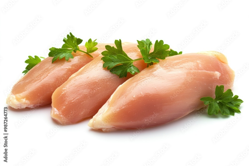 Raw skinless and boneless chicken breast meat with parsley garnish isolated on white , ai Raw skinless and boneless chicken breast meat with parsley garnish isolated on white , ai
