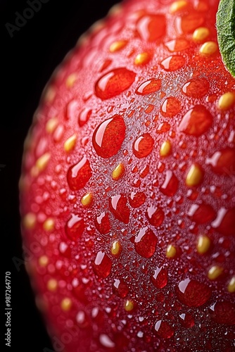  A red apple with a verdant leaf at its tip and water droplets on its surface