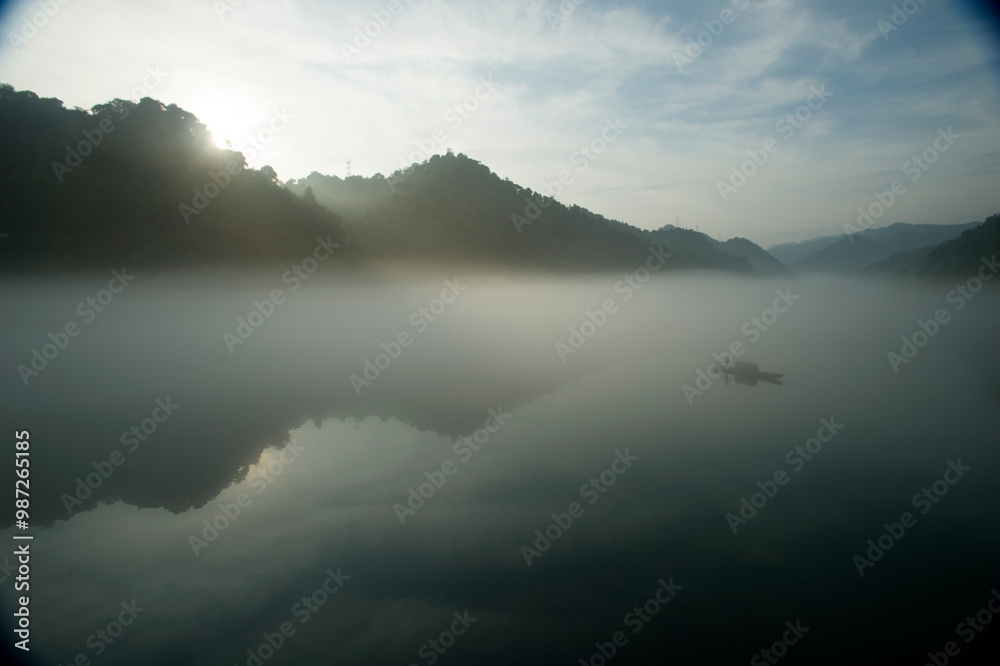 Fototapeta premium Fog scenery of Xiaodongjiang River in Chenzhou City, Hunan Province, China