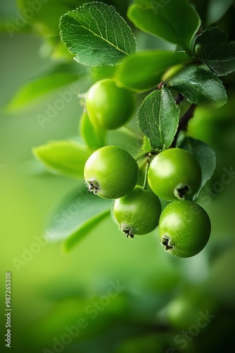  A tight shot of green berries clustered on a leafy branch against a verdant backdrop, softly blurred behind