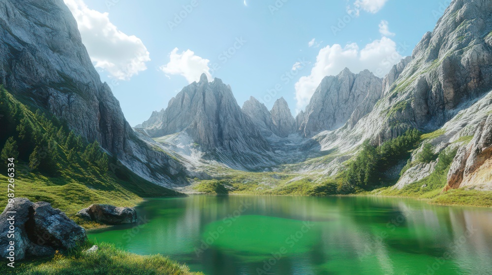 A serene mountain lake nestled amidst towering peaks, with lush greenery surrounding the tranquil water. A serene mountain lake nestled amidst towering peaks, with lush greenery surrounding the tranquil water.