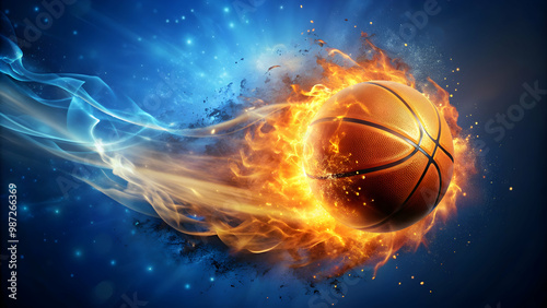 Flying basketball ball engulfed in flames on abstract blue background with sparkling effects, basketball, flames, flying