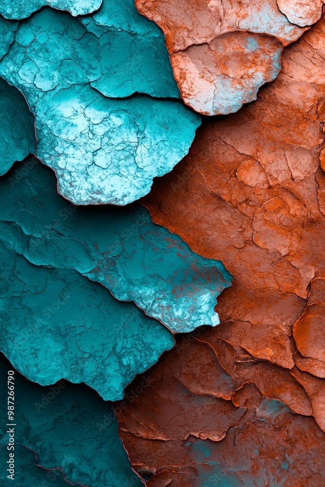 Obraz premium A tight shot of blue and orange paint on a wall, with peeling edges visible next to it