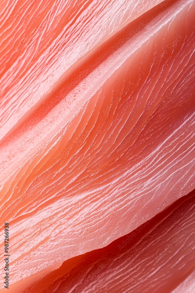 A tight shot of a salmon slice on parchment paper, adorned with water droplets above A tight shot of a salmon slice on parchment paper, adorned with water droplets above