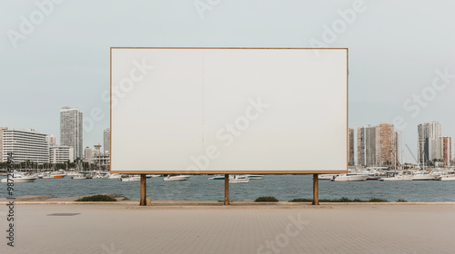 Empty Large Billboard Facing Marina with Skyscrapers and Boats in Coastal Cityscape