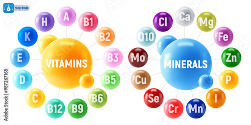 Set of Multivitamin and Minerals supplement 3d vector icons. A, B1, B2, B3, B5, B6, B9, B12, C, D, E, K, H, Fe, I, Ca, Cl, Mg, Mn, Mo, Cu, Se, Cr, Zn, P, Q10. Essential vitamin and mineral complex