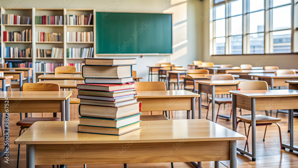 Classroom scene with piles of books on a desk , education, school, studying, literature, learning, academic, knowledge Classroom scene with piles of books on a desk , education, school, studying, literature, learning, academic, knowledge