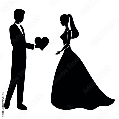 silhouette of a bride and groom. The bride is on the left side of the image, wearing a long dress and a veil