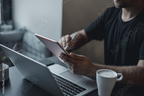 Young beard man using tablet in cafe,street, drinking coffee, freelance work, outdoor hipster portrait, sneakers, suit, Bali, Thailand, beard man, instagram, bitcoin, business man, glasses,ipad pro
