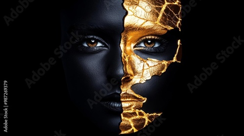 A face half painted in gold, the other half cracked and weathered