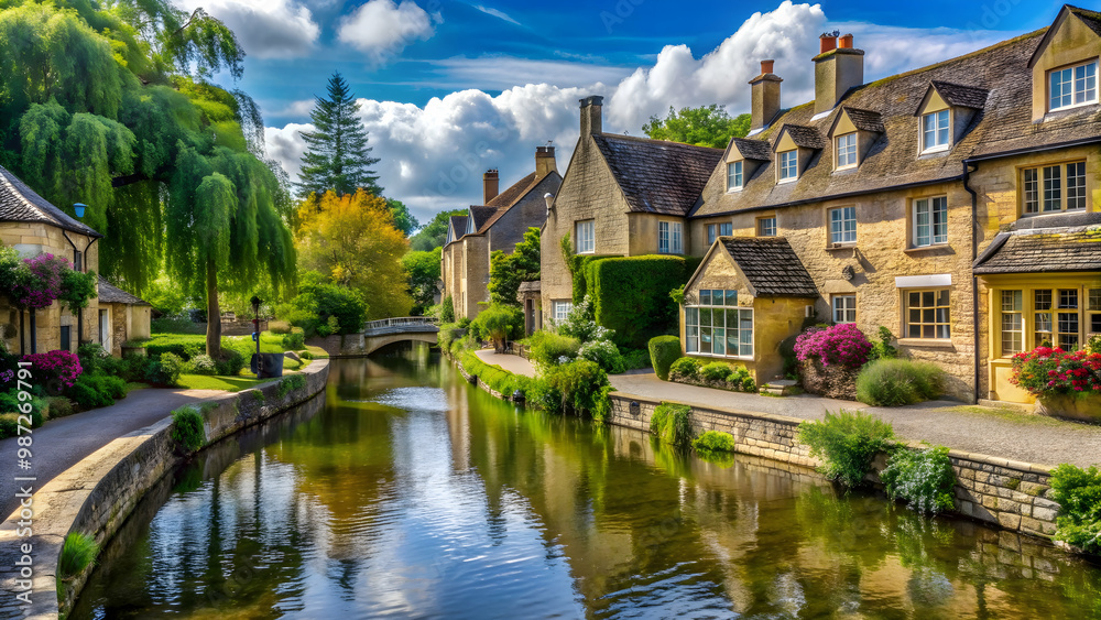 Idyllic old town of Bourton On The Water, England, with charming stone cottages and meandering river, Cotswolds Idyllic old town of Bourton On The Water, England, with charming stone cottages and meandering river, Cotswolds