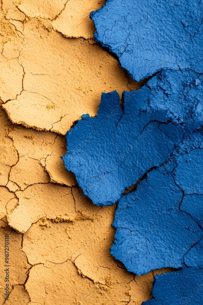 A tight shot of a yellow-blue wall, displaying cracks in its midsection Adjacent, a blue-yellow wall A tight shot of a yellow-blue wall, displaying cracks in its midsection Adjacent, a blue-yellow wall
