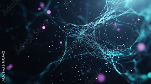 web of blue threads as a metaphor with fascia accurate full-size human anatomy in zoom gentle ballet-style movement on black background with purple and green or light turquoise volumetric lighting.