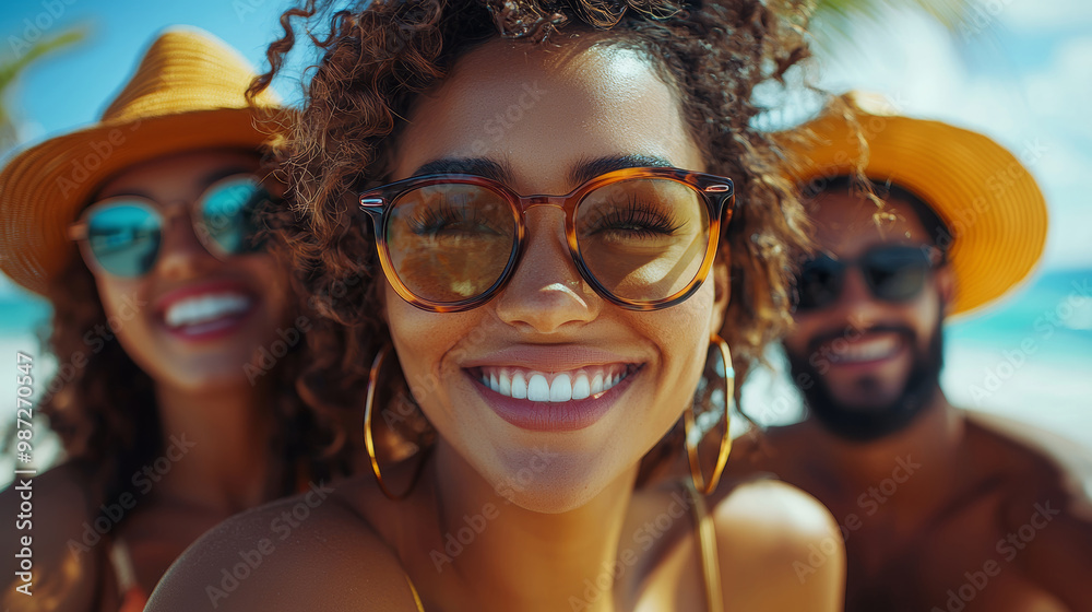 Three friends pose happily on the beach, showcasing their stylish sunglasses and bright hats while enjoying a warm, sunny day by the sea. Three friends pose happily on the beach, showcasing their stylish sunglasses and bright hats while enjoying a warm, sunny day by the sea.