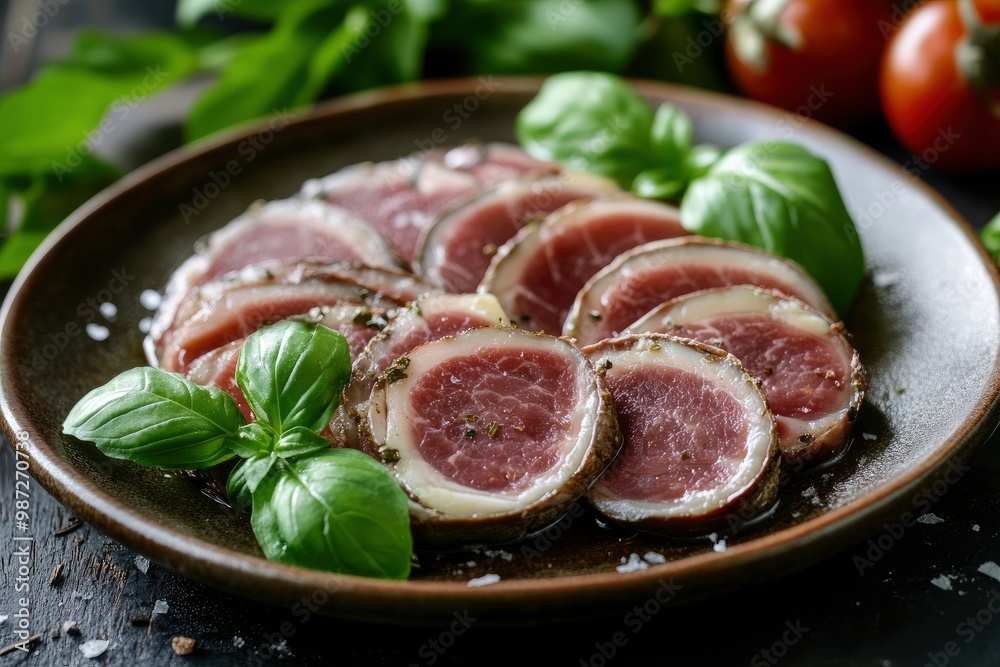 Fototapeta premium Sliced Pork Tongue snack appetizer served basil , ai