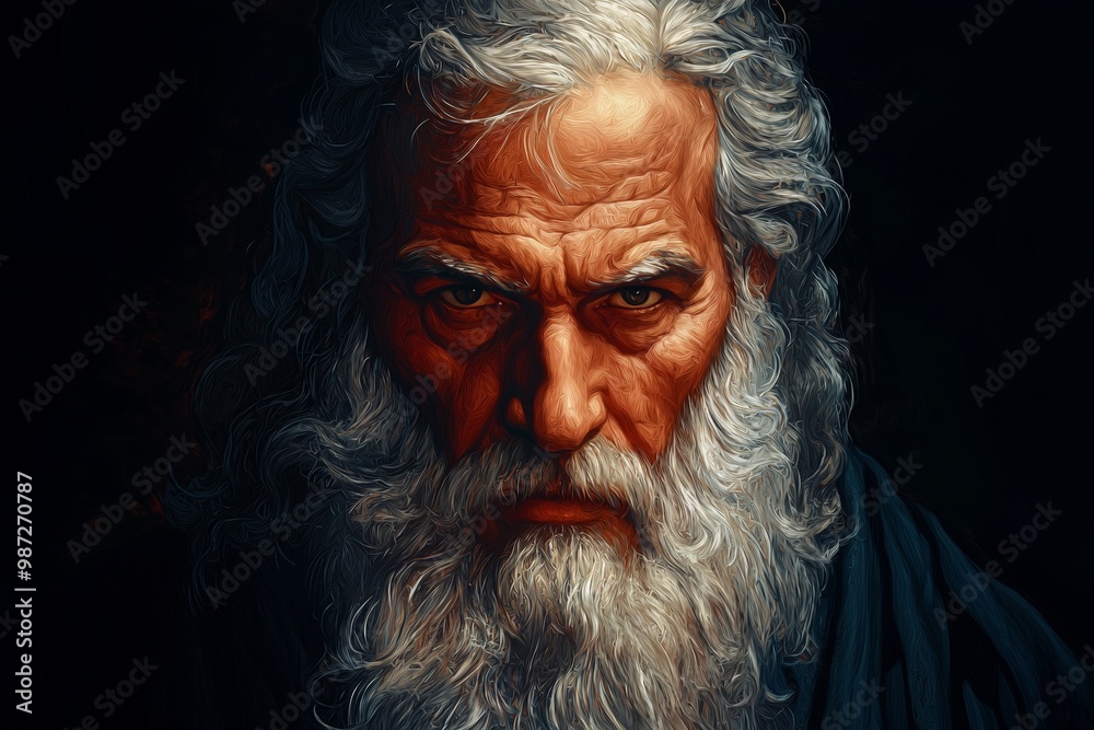 A close-up portrait of an older man with a long white beard, looking directly at the camera with a serious expression A close-up portrait of an older man with a long white beard, looking directly at the camera with a serious expression
