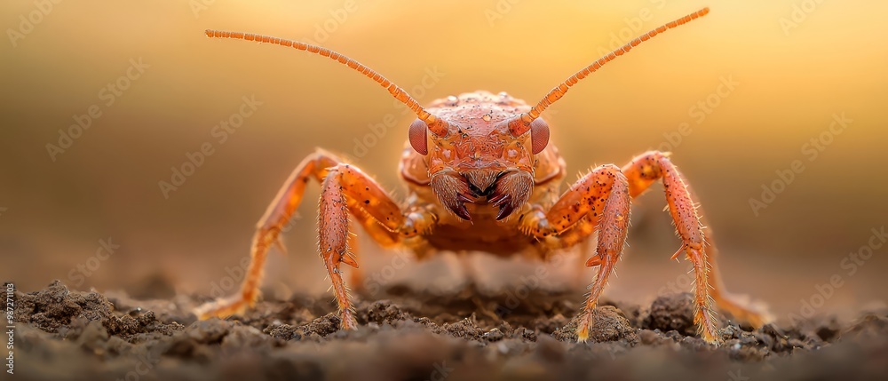 A tight shot of an orange insect on dirt, background softly blurred Yellow sky beyond A tight shot of an orange insect on dirt, background softly blurred Yellow sky beyond