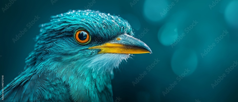 A detailed view of a blue bird with a bright yellow beak is depicted, surrounded by a softly blurred background A detailed view of a blue bird with a bright yellow beak is depicted, surrounded by a softly blurred background